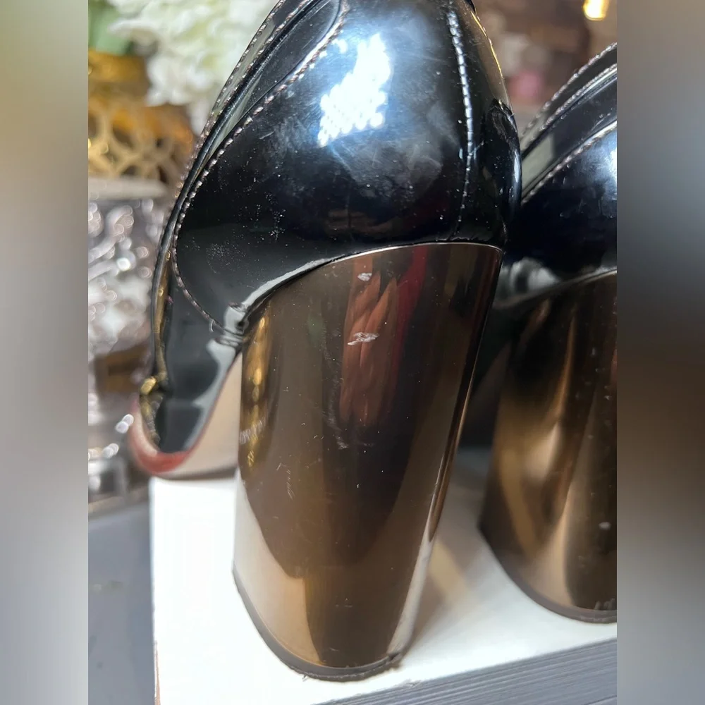 Dolce Gabbana Brown Patent Leather w‎ Gold Penny Loafer Pumps Heels Size 39 - Picture 7 of 12